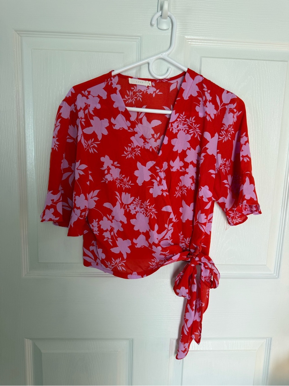 Lush Red Floral Tie-Front Wrap V-Neck Blouse